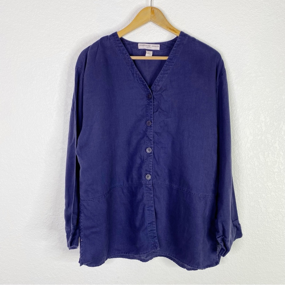 Vintage Josephine Chaus Sport Blue 100% Linen Button Front Blouse